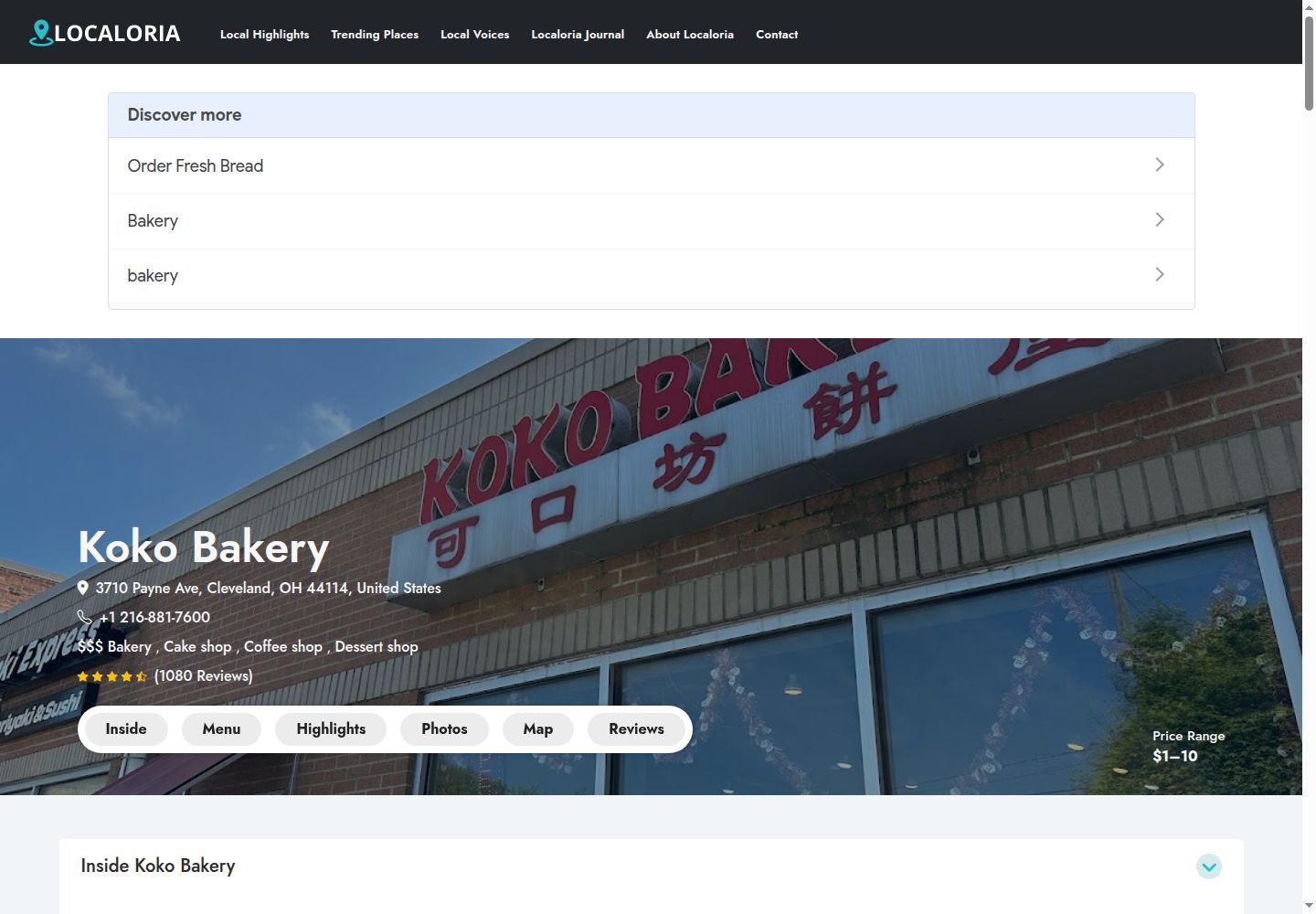 A third-party directory listing for Koko Bakery, not a site the bakery owns