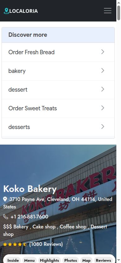 The same directory listing for Koko Bakery on a phone
