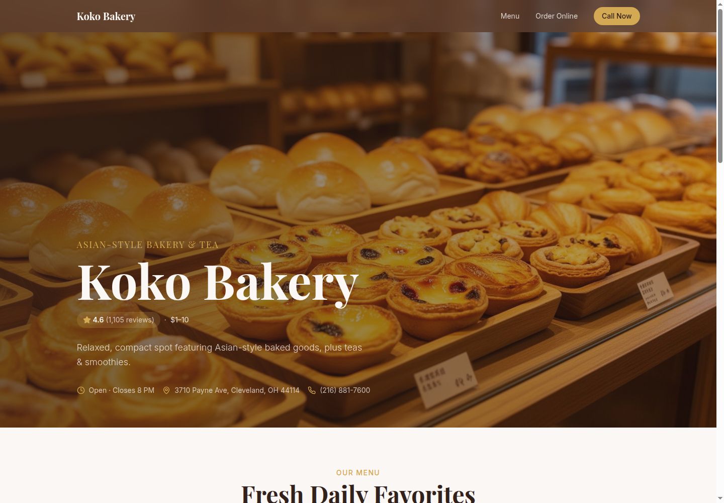 My Koko Bakery redesign: opening hours, address and a call button on the first screen