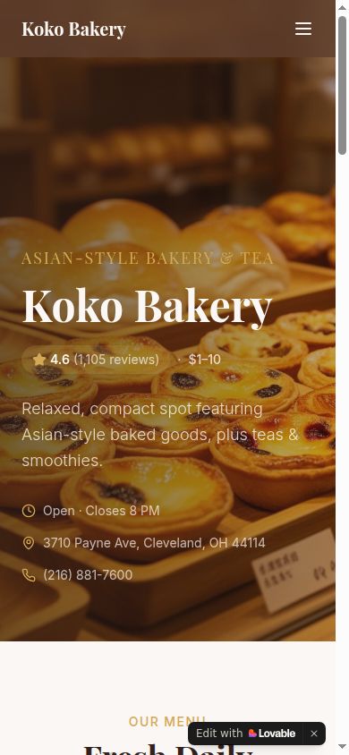My Koko Bakery redesign on a phone, with hours and a call button at the top