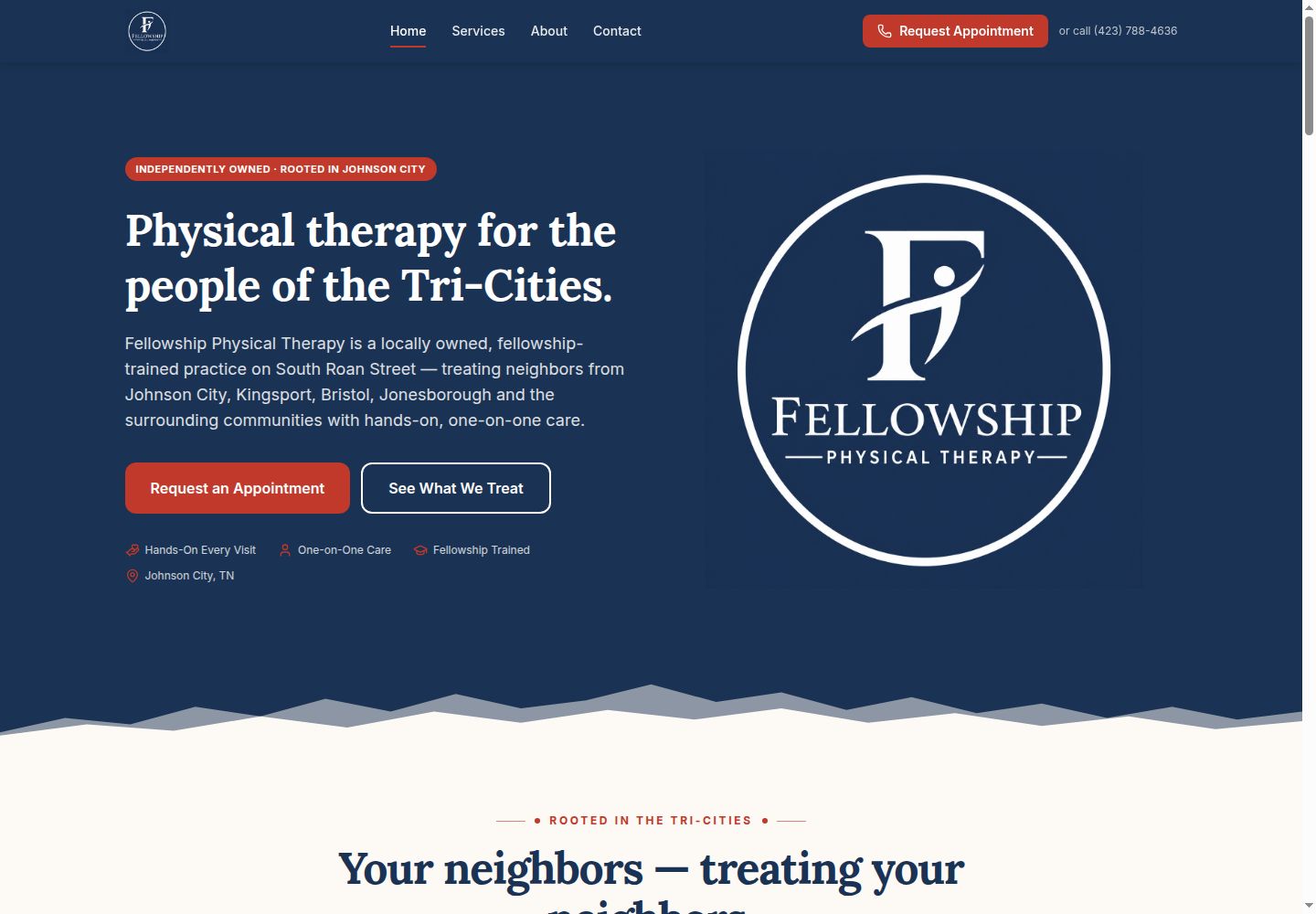 My Fellowship Physical Therapy redesign: one-on-one care and an appointment request on the first screen