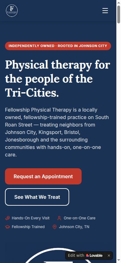 My Fellowship Physical Therapy redesign on a phone, with a request-appointment button