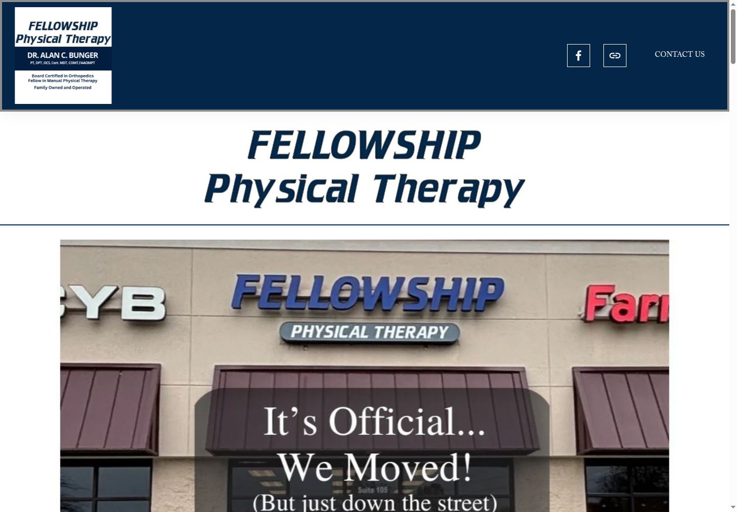 Fellowship Physical Therapy's current website: a large photo announcing that the clinic moved