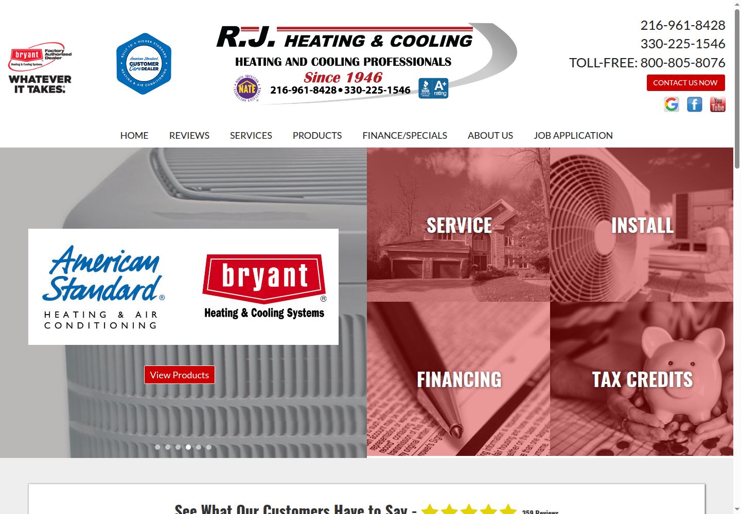 R.J. Heating & Cooling's current website: a dated layout with a stock photo banner above a list of services