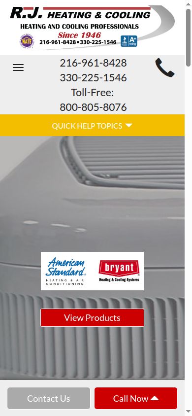 R.J. Heating & Cooling's current website on a phone, with a small phone number