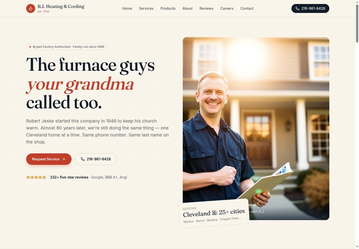 My R.J. Heating & Cooling redesign: request service and the phone number on the first screen